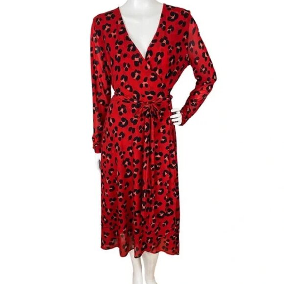 CAbi 5771 Vivien Siren Wrap Midi Dress Red and Black Leopard Animal Print V-Neck - Picture 3 of 16